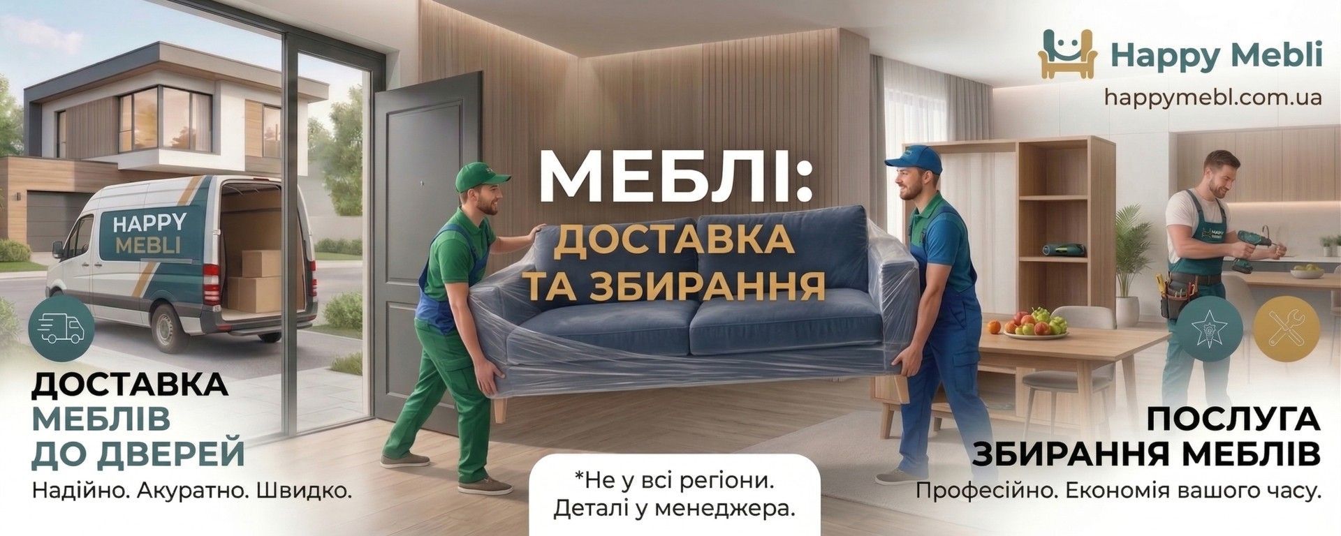 Вантажники заносять великий синій диван у будинок, а майстер збирає дерев'яну шафу. Послуги швидкої доставки меблів до дверей та професійного збирання від магазину Happy Mebli.